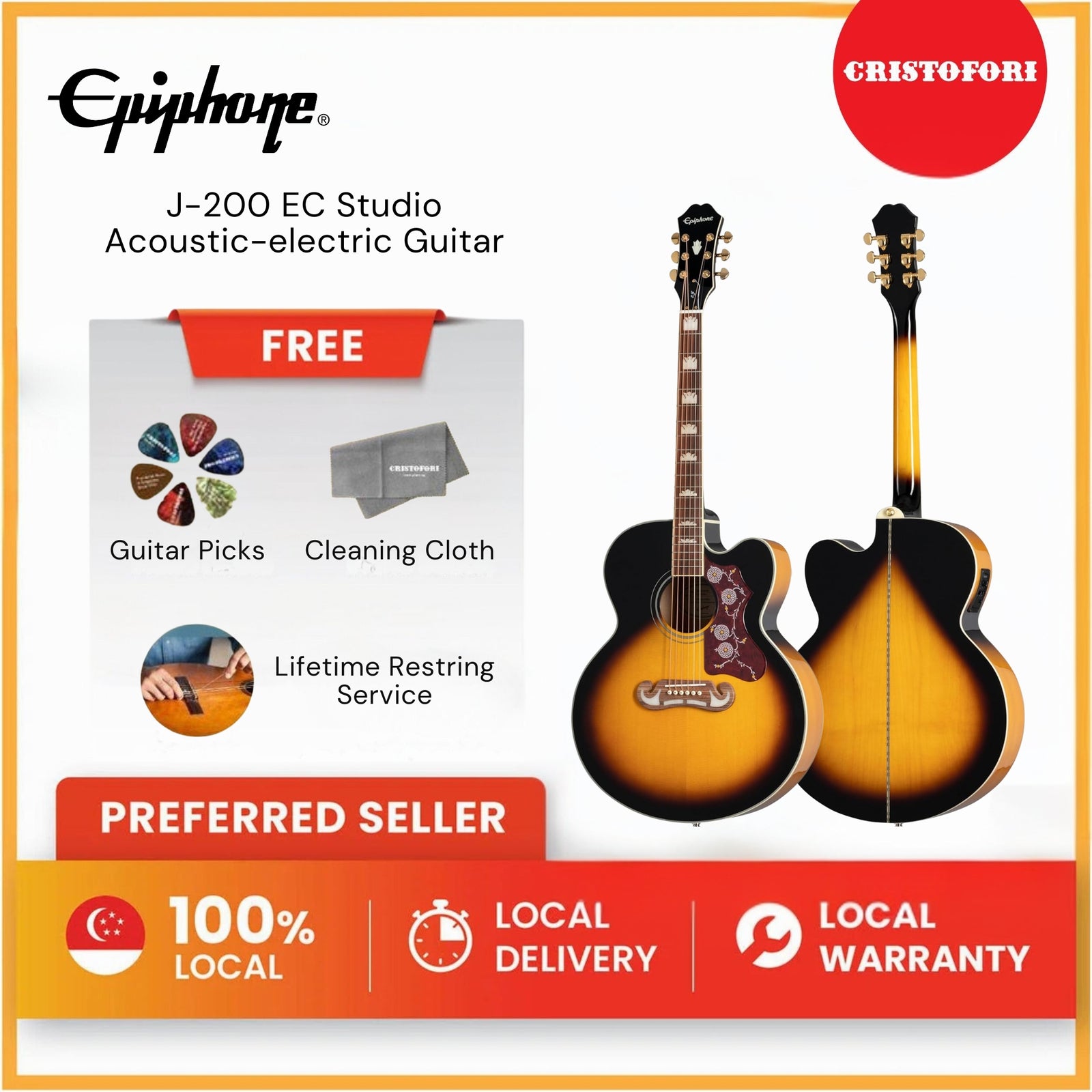 Epiphone J-200 EC Studio Acoustic-electric Guitar Vintage Sunburst