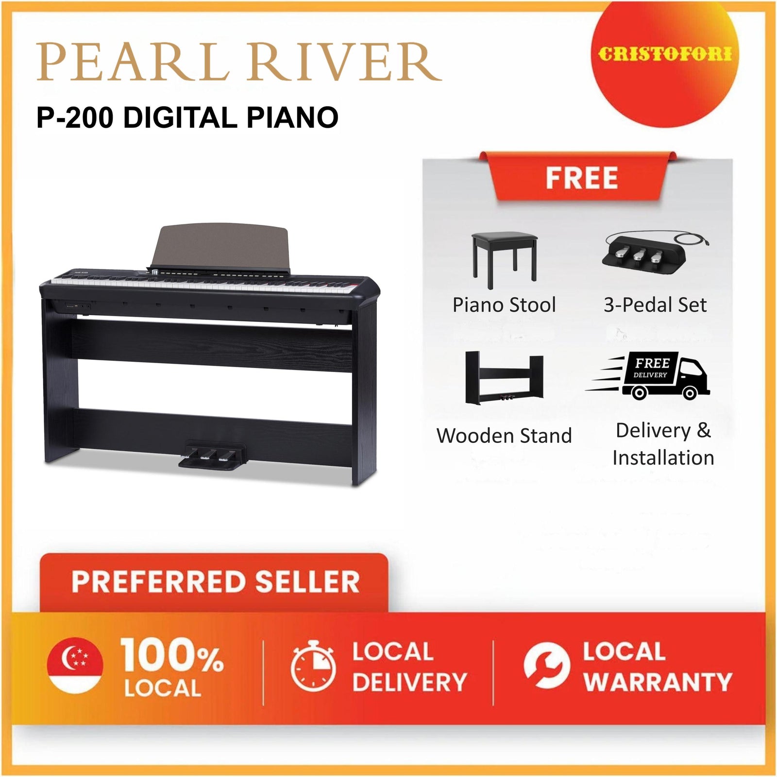 Pearl River Digital Piano P-200 Black (with 3 pedal + stand)