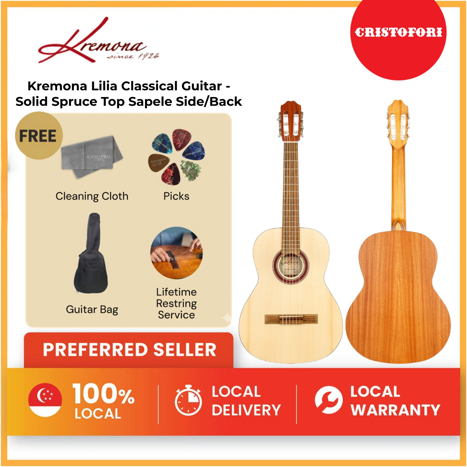 Kremona Lilia Classical Guitar - Solid Spruce Top Sapele Side/Back