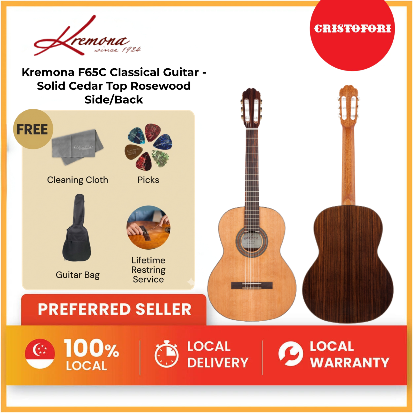 Kremona F65C Classical Guitar - Solid Cedar Top Rosewood Side/Back