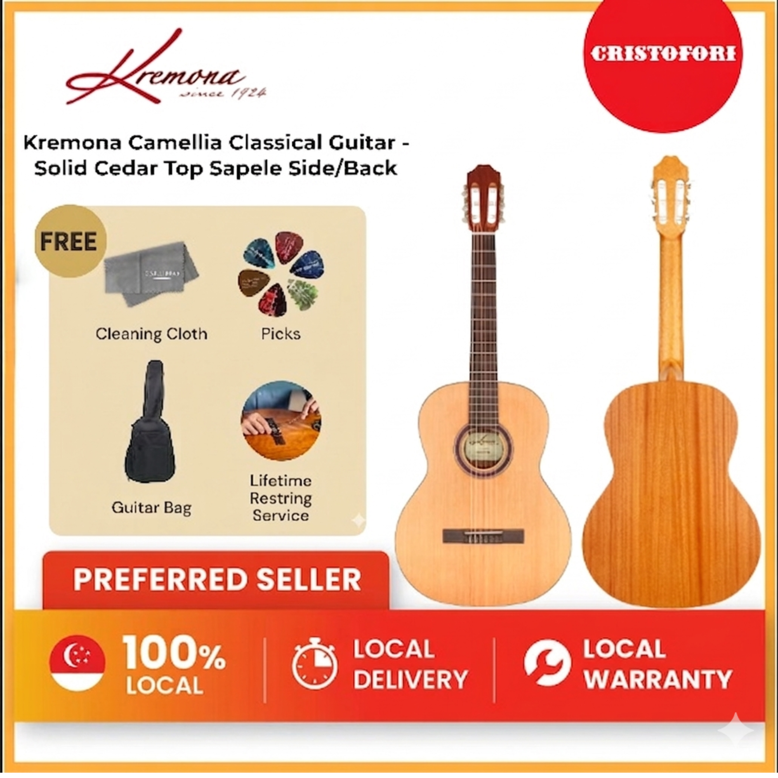 Kremona Camellia Classical Guitar - Solid Cedar Top Sapele Side/Back