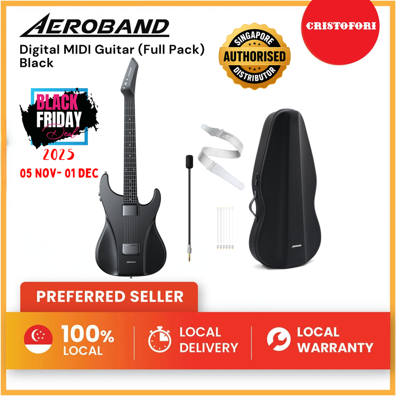 AeroBand Pain-Free Stringless Acoustic-Electric Travel Guitar Full Set (Black)