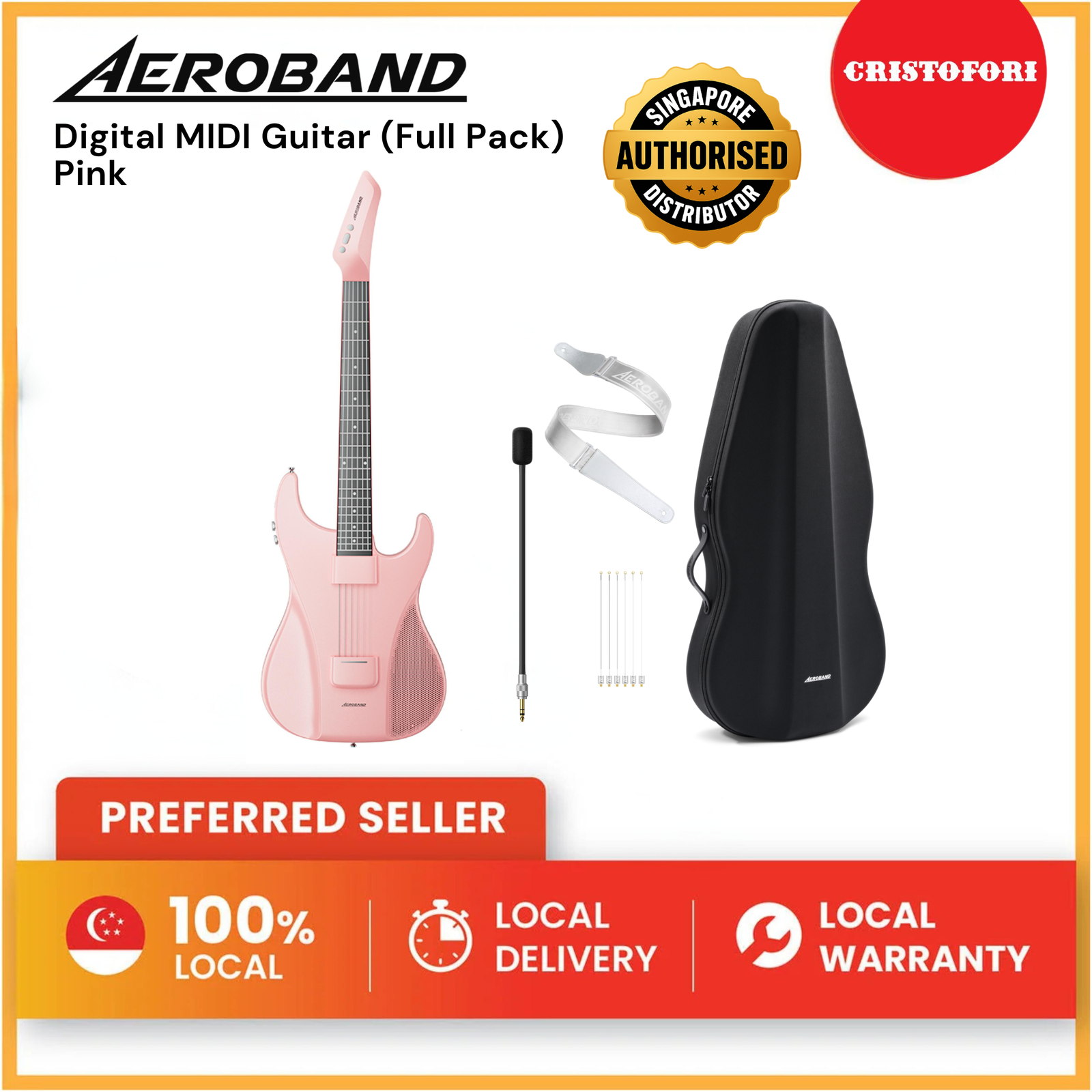 AeroBand Pain-Free Stringless Acoustic-Electric Travel Guitar Full Set (Pink))