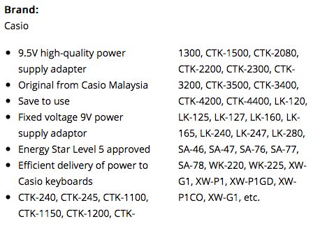 Casio AD-E95100LG Power Adaptor